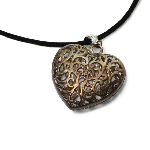 Hollow Ornate Heart Pendant Silver Necklace Fabric Cord Band Boho Oversized - Picture 5 of 6
